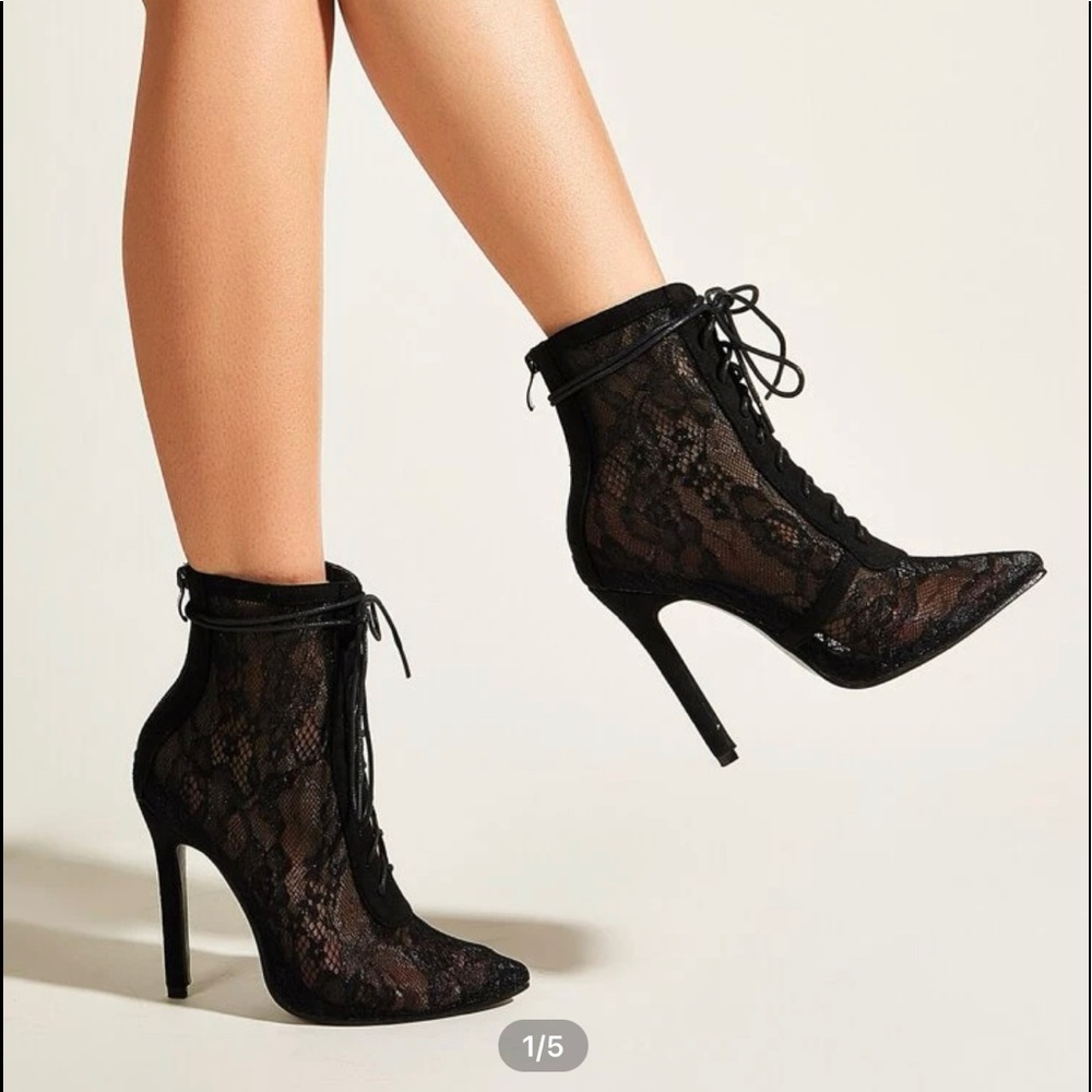 Point Toe Lace-up Front Stiletto Lace Ankle Boots